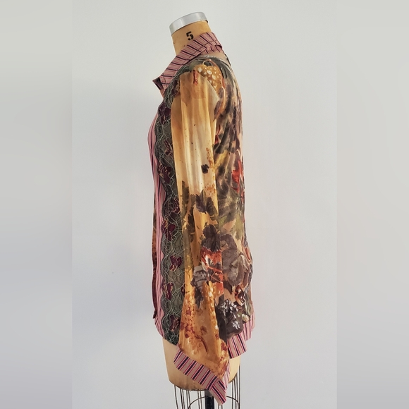 SAVE THE QUEEN long sleeve mixed fabric button down blouse, size L, colorful - Picture 7 of 11